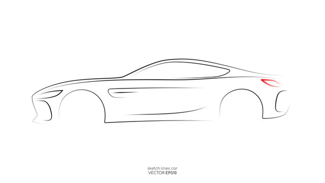 Modern car sketch line silhouette side view isolated on white background. Vector illustration in concept electric car, self drive car