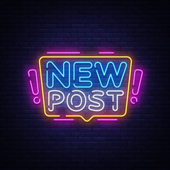 Obraz premium New Post Neon Text Vector. Blogging neon sign, design template, modern trend design, night signboard, night bright advertising, light banner, light art. Vector illustration