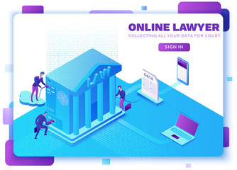 Online lawyer service isometric infographic 3d flat illustration, advocate collecting data, cloud  judicial service, digital technolodgy concept, court building, computer, laptop, people, webdesign