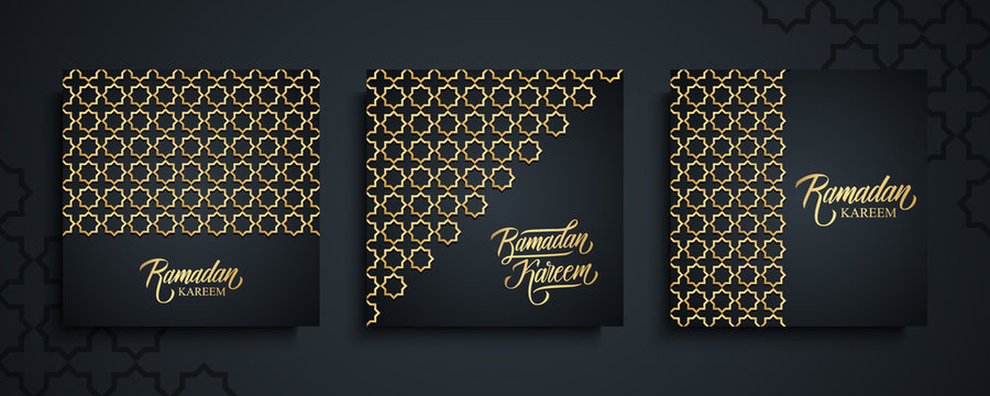 Ramadan Kareem greeting cards set. Ramadan holiday templates collection with hand drawn lettering and gold arabic pattern. Vector illustration.