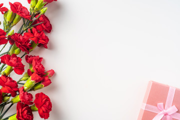 top view of carnation on white for mothers day