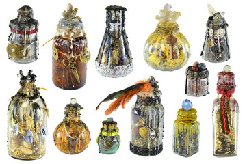 Design set with magic decorated witch bottles isolated on white