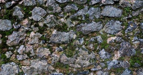 background wall of one old building with stones and moss