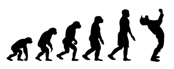 Painted theory of evolution of man. Vector silhouette of homo sapiens. Symbol from monkey to motocross rider.