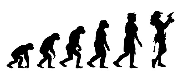 Painted theory of evolution of man. Vector silhouette of homo sapiens. Symbol from monkey to worker with drill.