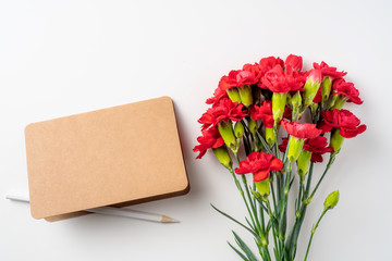 top view of carnation on white for mothers day