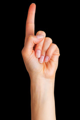 Woman hand with the index finger pointing up