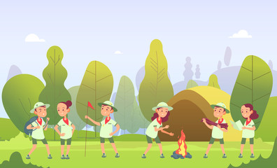 Obraz na płótnie Canvas Scouts in camping. Cartoon kids at campfire in forest. Children have summer outdoor adventure. Vector illustration. Travel outdoor, scout and campfire