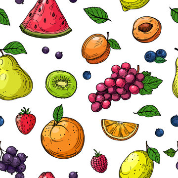 Fruit and berries seamless pattern. Orange and grapes, kiwi pear, watermelon and strawberry, raspberry peach fruit vector wallpaper. Illustration of kiwi and watermelon, lemon and strawberry