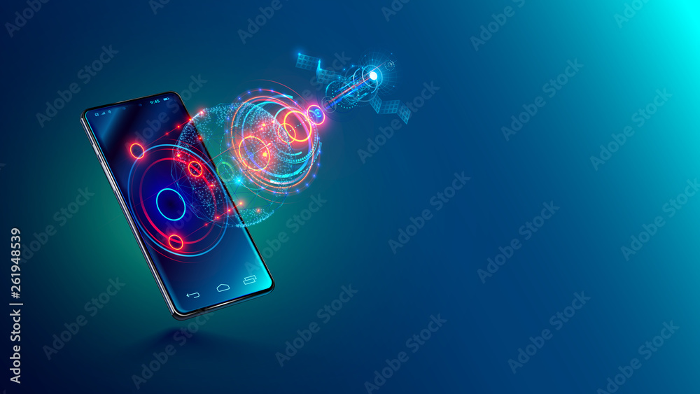 Aufkleber Mobile global internet communications. World wide web on phone via wireless satellite network technology. Smartphone digital connection at clouds services of all earth. Holographic abstract interface.