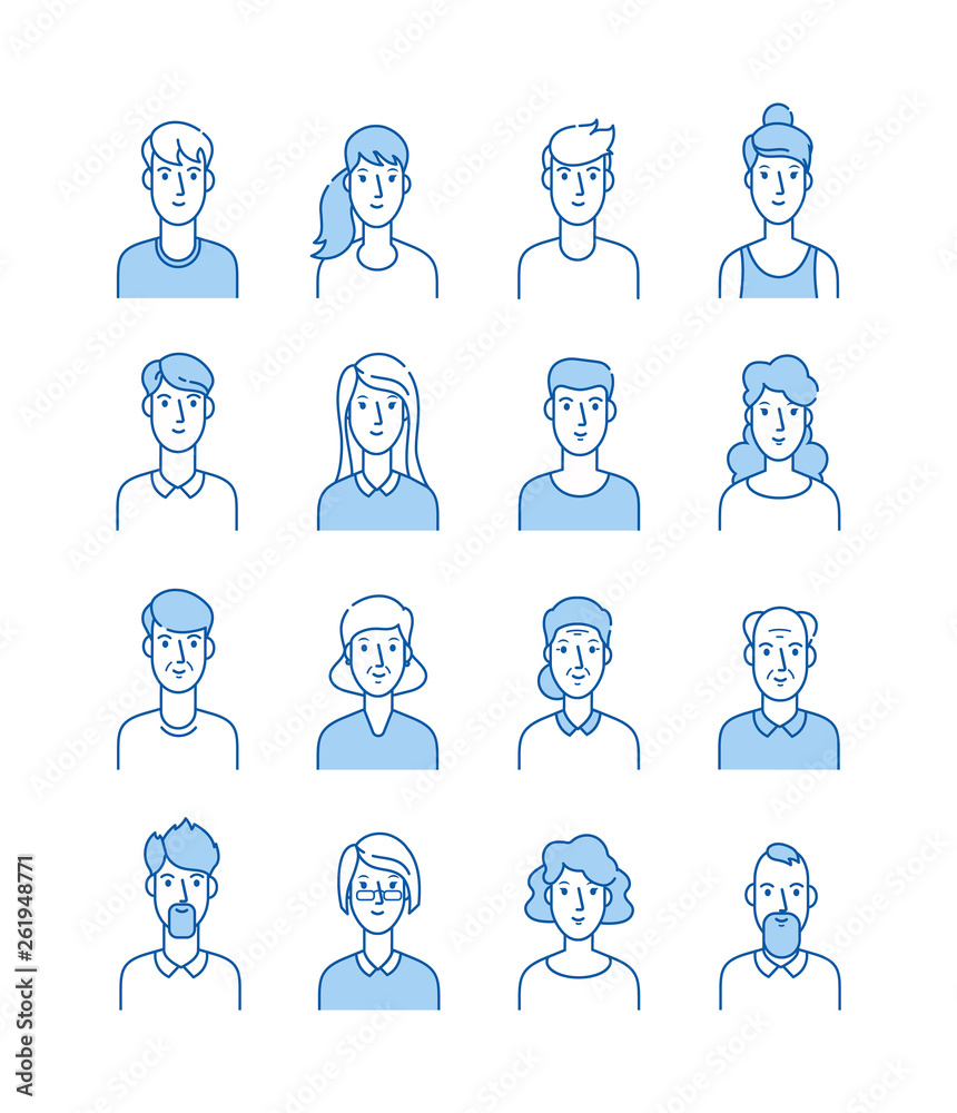 Wall mural line avatars. happy people icons user flat outline male female avatar anonymous faces man woman cute - Wall murals
