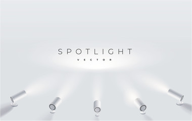 Five spotlights shine in one place. projector on the wall. Minimalistic design. Empty place. Vector illustration. Spotlights with bright white light shining stage vector set. - obrazy, fototapety, plakaty