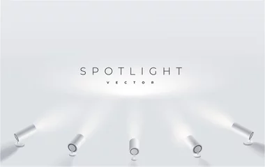 Fototapeten Five spotlights shine in one place. projector on the wall. Minimalistic design. Empty place. Vector illustration. Spotlights with bright white light shining stage vector set. © Vitaliy