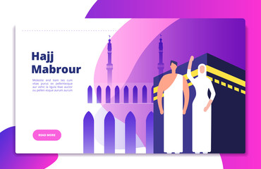 Hajj concept. Umrah hajj pray saudi people prayers mabrour muslims travel makkah al haram modern flat vector mecca kaaba background. Pilgrimage near mosque, muslim mecca illustration