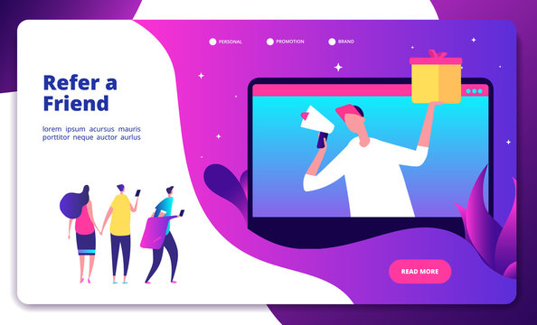 Referral concept. Refer friend recommend friends buzzwords friendly recommendations marketing referrals shouting vector landing page. Referral friend recommend, network business illustration