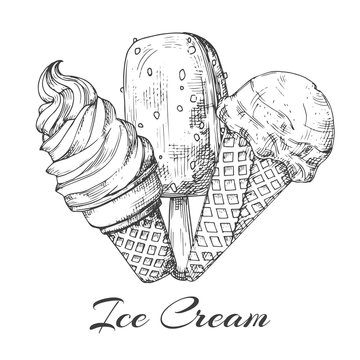 Hand Drawn Ice Cream Logo. Sketch Of Ice Cream Vector Isolated On White Background. Illustration Of Ice Cream Food, Drawing Delicious