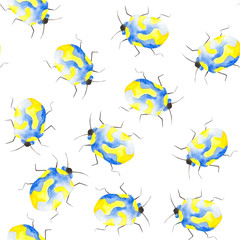 Fototapeta na wymiar Watercolor pattern of insects, ladybugs, bedbugs, beetles with leaves on a white background. 