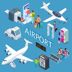 Airoport isometric set with waiting area, snack bar, check-in desk, arplanes vector illustration. Travel airplane isometric, security airport