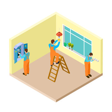 Electricians At Work In The Room Isometric Vector Concept. Illustration Of Electric Engineer, Professional Electrical Work In Room