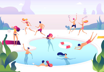 Obraz na płótnie Canvas People at swimming pool. Persons swim dive in summer pool relaxing sunbathing family women men water games summer party vector concept. Illustration of summer swimming pool