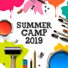 Kids summer Camp 2019, education, creativity art concept. Banner or poster with white background, hand drawn letters, pencil, brush, paints. Vector illustration.