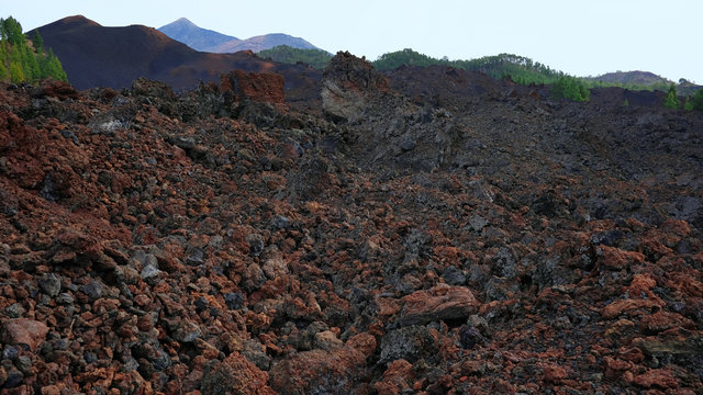 Volcanic soil of Chinyero Special Natural Reserve with Pico del Teide in the background, a lava territory with scarce vegetation and visible traces of the last eruption Tenerife, Canary Islands, Spain