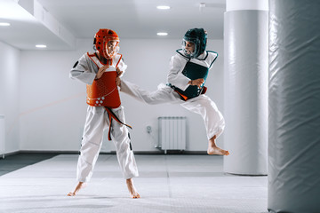 Sporty Caucasian boys having taekwondo training in white gym. One boy kicking other. - obrazy, fototapety, plakaty