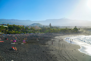 Famous beach Playa Jardin with black sand in Puerto de la Cruz, Tenerife, Spain
