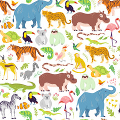 Vector flat tropical seamless pattern with hand drawn jungle floral elements, animals, birds isolated. Elephant, tiger, zebra. For packaging paper, cards, wallpapers, gift tags, nursery decor etc.