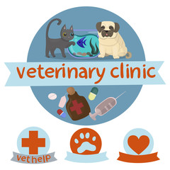 Vector collection of icons and logo. Logo for veterinary clinic. Cute icons set. Flat logo design.