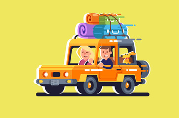 Naklejka premium Young family with a dog go on a trip by car