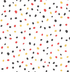 Sketchy Hand Draw Dots Seamless Pattern. Retro red-yellow-grey graphic print. White background. Vector dotted ornament. Wallpaper, furniture fabric, textile.