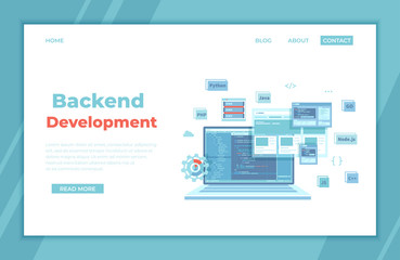 Backend Development, Coding, Software  Engineering, Programming languages. Program code on laptop screen, website template. landing page template or banner. Technology concept. Vector