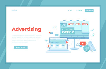 Advertising Outdoor and Online.  Billboard, newspaper with offers, discounts and laptop with social media ad website. Advertising agency. landing page template or banner. Vector