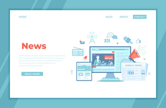 News Update, Online news. Breaking news website with broadcaster on the monitor and tablet screen, newspaper, radio. Information about events, activities, announcements. landing page template, banner