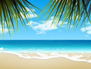 Fototapeta na wymiar Summer landscape. Seashore and sandy beach. 3D vector. High detailed realistic illustration