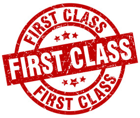 first class round red grunge stamp