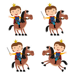 Set of funny prince in cartoon style riding a horse in different poses isolated on white background