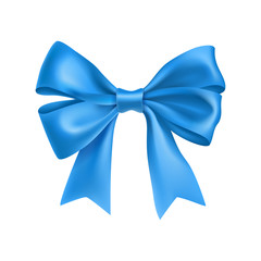 Romantic blue ribbon bow isolated on white background. Realistic decoration for holidays events. Glossy decor object from satin vector illustration. Christmas or birthday decoration element.