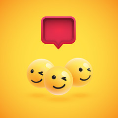 Group of high detailed yellow emoticons with a 3D speech bubble, vector illustration