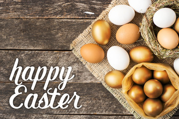 happy easter wishes card -  soft shades of golden color Easter eggs in the nest.