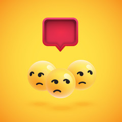 Group of high detailed yellow emoticons with a 3D speech bubble, vector illustration
