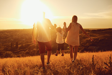 Rear view of family standing in nature at sunset