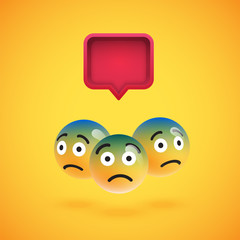 Group of high detailed yellow emoticons with a 3D speech bubble, vector illustration