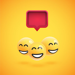 Group of high detailed yellow emoticons with a 3D speech bubble, vector illustration