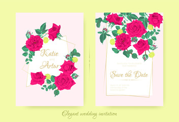 Wedding Invitation with Red Roses and Leaves.