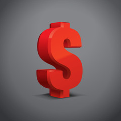 Red 3d USA Dollar Sign, Currency symbol. Vector Illustration. Isolated on Grey Background