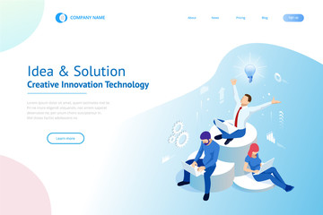 Isometric creative idea and innovation concept. New ideas with innovative technology and creativity. Brain bulb. Business meeting and brainstorming. Idea and business concept for teamwork.