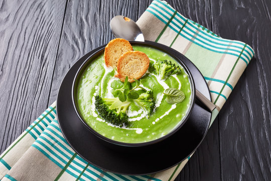 close-up of broccoli soup puree, top view