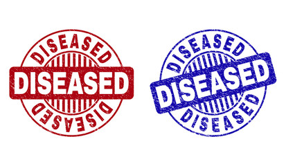 Grunge DISEASED round stamp seals isolated on a white background. Round seals with grunge texture in red and blue colors. Vector rubber imitation of DISEASED text inside circle form with stripes.